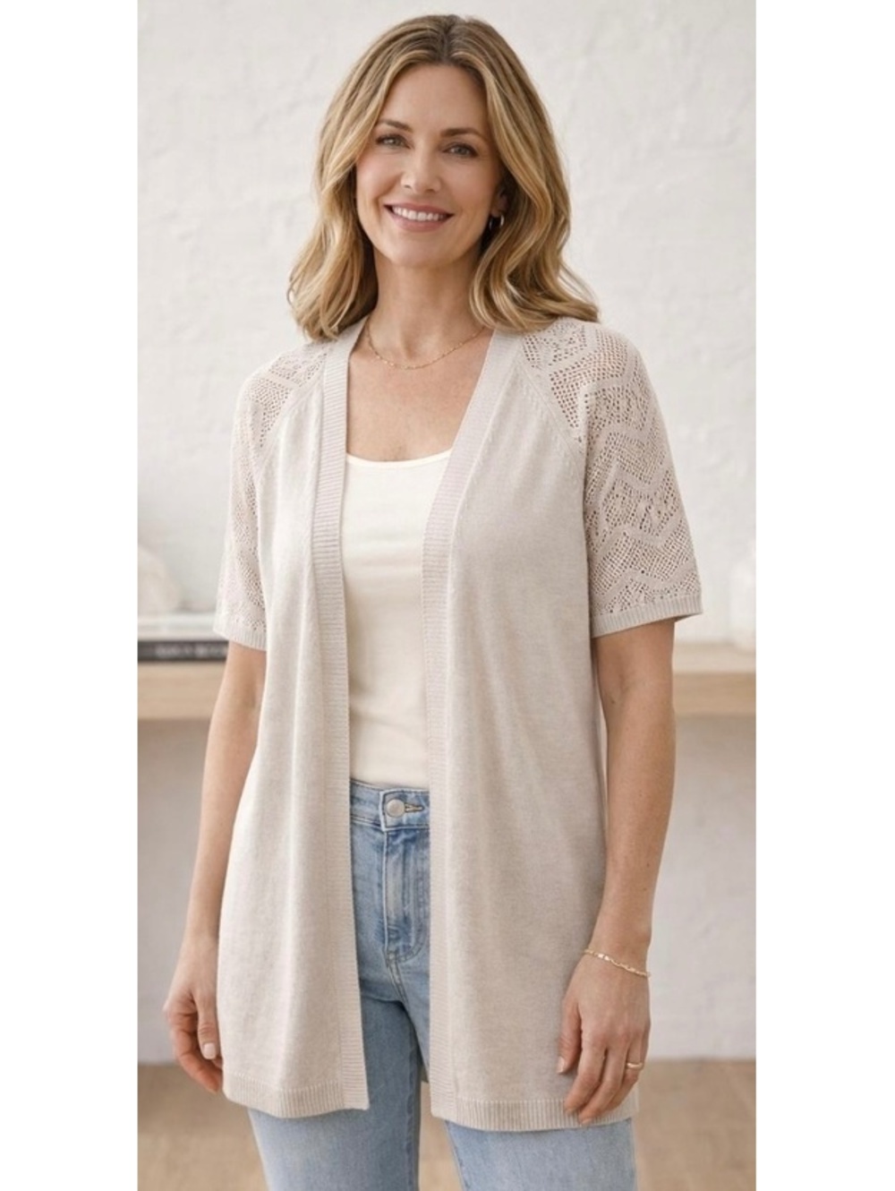 Joan Vass Pale Platinum Open Front Short Sleeve Cardigan, Size Medium, 100% Visc